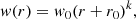 Mathematical equation: $$ \begin{aligned} w(r)=w_0(r+r_0)^k, \end{aligned} $$