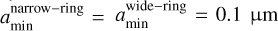 Mathematical equation: $a_{{\rm{min }}}^{{\rm{narrow - ring }}} = {a_{{{\min }^{{\rm{wide - ring }}}}}} = 0.1\mu {\rm{m}}$