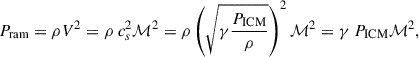 Mathematical equation: $$ \begin{aligned} P_{\text{ram}}=\rho V^2=\rho \ c_s^2 \mathcal{M} ^2=\rho \left(\sqrt{\gamma \frac{P_{\text{ICM}}}{\rho }} \right)^2\mathcal{M} ^2=\gamma \ P_{\text{ICM}}\mathcal{M} ^2\text{,} \end{aligned} $$