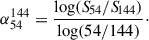 Mathematical equation: $$ \begin{aligned} \alpha _{54}^{144} = \frac{\log ({{S\!}_{54}/{S\!}_{144}})}{\log ({54/144})}\cdot \end{aligned} $$