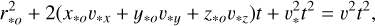 Mathematical equation: $\[r_{* o}^2+2\left(x_{* o} v_{* x}+y_{* o} v_{* y}+z_{* o} v_{* z}\right) t+v_*^2 t^2=v^2 t^2,\]$