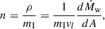 Mathematical equation: $$ \begin{aligned} n = \frac{\rho }{m_{\rm I}} = \frac{1}{m_{\rm I} v_l} \frac{d\dot{M}_{\rm w}}{dA}, \end{aligned} $$