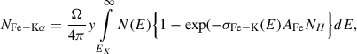 Mathematical equation: $$ \begin{aligned} N_{\mathrm{Fe-K}\alpha } = \frac{\Omega }{4\pi } { y} \int \limits _{E_K}^{\infty } N(E) \Big \{ 1 - \exp (-\sigma _{\mathrm{Fe-K}}(E) A_{\mathrm{Fe}} N_H \Big \} dE, \end{aligned} $$