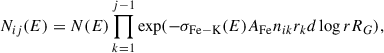 Mathematical equation: $$ \begin{aligned} N_{ij}(E) = N(E) \prod \limits _{k = 1}^{j-1} \exp (-\sigma _{\mathrm{Fe-K}}(E) A_{\mathrm{Fe}} n_{ik} r_k d\log r R_G), \end{aligned} $$