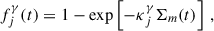 Mathematical equation: $$ \begin{aligned} f_j^\gamma (t) = 1 - \exp \left[ - \kappa _j^\gamma \Sigma _m (t) \right] \,, \end{aligned} $$