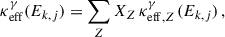 Mathematical equation: $$ \begin{aligned} \kappa _{\rm eff}^\gamma (E_{k,j}) = \sum _Z X_{Z} \, \kappa _{\mathrm{eff},Z\,}^\gamma (E_{k,j}) \,, \end{aligned} $$
