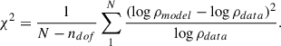 Mathematical equation: $$ \begin{aligned} \chi ^{2}=\frac{1}{N-n_{dof}}\sum _{1}^{N}\frac{(\log \rho _{model}-\log \rho _{data})^{2}}{\log \rho _{data}} . \end{aligned} $$