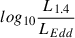 Mathematical equation: $ log_{10}\frac{L_{1.4}}{L_{Edd}} $
