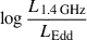 Mathematical equation: $ \log\frac{L_{\mathrm{1.4\,GHz}}}{L_{\mathrm{Edd}}} $