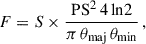 Mathematical equation: $$ \begin{aligned} F = S \times \frac{\mathrm{PS}^2 \, 4 \ln \!2}{\pi \, \theta _{\rm maj} \, \theta _{\rm min}} \, , \end{aligned} $$