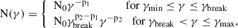 Mathematical equation: $$ \begin{aligned} \mathrm{N}(\gamma )= {\left\{ \begin{array}{ll} \mathrm{N}_0 \gamma ^{-\mathrm{p}_1} \ \ \ \ \ \ \ \ \ \ \ \ \mathrm{for} \ \gamma _{\mathrm{min}} \le \gamma \le \gamma _{\mathrm{break}} \\ \mathrm{N}_0 \gamma _{\mathrm{break}}^{\mathrm{p}_2-\mathrm{p}_1}\gamma ^{-\mathrm{p}_2} \ \ \ \mathrm{for} \ \gamma _{\mathrm{break}} < \gamma \le \gamma _{\mathrm{max}}, \end{array}\right.} \end{aligned} $$