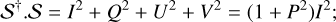 Mathematical equation: ${{\cal S}^\dag }.{\cal S}.{I^2} + {Q^2} + {U^2} + {V^2} = \left( {1 + {P^2}} \right){I^2};$