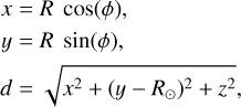 Mathematical equation: $\matrix{ {} & {x = R\cos (\phi )} \cr {} & {y = R\sin (\phi )} \cr {} & {d = \sqrt {{x^2} + {{\left( {y - {R_ \odot }} \right)}^2} + {z^2}} } \cr } $