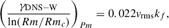 Mathematical equation: $$ \begin{aligned} \left( \frac{\gamma _{\tiny \mathrm{DNS-W} }}{ \ln (Rm/Rm_c) }\right)_{Pm}= 0.022 v_{\mathrm{rms}} k_f , \end{aligned} $$