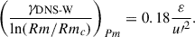 Mathematical equation: $$ \begin{aligned} \left( \frac{\gamma _{\text{DNS-W}} }{ \ln (Rm/Rm_c) } \right) _{Pm} = 0.18 \frac{\varepsilon }{u{\prime }^2}. \end{aligned} $$