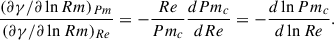 Mathematical equation: $$ \begin{aligned} \frac{ (\partial \gamma / \partial \ln Rm)_{Pm}}{ (\partial \gamma / \partial \ln Rm)_{Re}} = -\frac{Re}{Pm_c} \frac{dPm_c}{d Re} = - \frac{d \ln Pm_c}{d \ln Re}. \end{aligned} $$