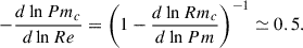 Mathematical equation: $$ \begin{aligned} - \frac{d \ln Pm_c}{d \ln Re} = \left( 1- \frac{d \ln Rm_c}{d \ln Pm} \right)^{-1} \simeq 0.5. \end{aligned} $$