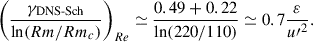 Mathematical equation: $$ \begin{aligned} \left( \frac{\gamma _{\text{DNS-Sch}}}{ \ln (Rm/Rm_c) }\right)_{Re}\simeq \frac{0.49+0.22}{\ln (220/110)} \simeq 0.7 \frac{\varepsilon }{u{\prime }^2}. \end{aligned} $$