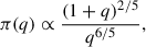 Mathematical equation: $$ \begin{aligned} \pi (q) \propto \frac{(1+q)^{2/5}}{q^{6/5}}, \end{aligned} $$