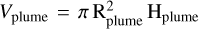 Mathematical equation: $V_{\mathrm{plume}}=\pi\,\mathrm{R}_{\mathrm{plume}}^{2}\, \mathrm{H}_{\mathrm{plume}}$