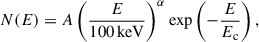 Mathematical equation: $$ \begin{aligned} N(E)&= A \left( \frac{E}{100\,\mathrm{keV}} \right)^{\alpha } \exp \left( - \frac{E}{E_{\rm c}} \right), \end{aligned} $$