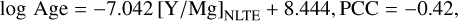 Mathematical equation: $\log {\rm{Age}} = - 7.042{[{\rm{Y}}/{\rm{Mg}}]_{{\rm{NLTE}}}} + 8.444,{\rm{PCC}} = - 0.42,$