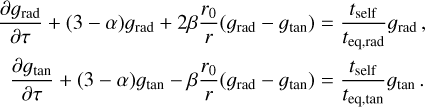 Mathematical equation: \begin{align*} \pard[\grad]{\tau} + (3-\alpha)\grad + 2\beta\frac{r_0}{r}(\grad-\gtan) &= \frac{\tself}{\teq[,rad]}\grad \,, \\ \pard[\gtan]{\tau} + (3-\alpha)\gtan - \beta\frac{r_0}{r}(\grad-\gtan) &= \frac{\tself}{\teq[,tan]}\gtan \,. \end{align*}