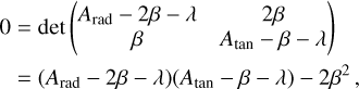 Mathematical equation: \begin{align} 0 &= \det \begin{pmatrix} \Ar - 2\beta - \lambda & 2\beta \\ \beta & \At - \beta - \lambda \end{pmatrix} \nonumber\\ &= (\Ar - 2\beta - \lambda)(\At - \beta - \lambda) - 2\beta^2 \,, \end{align}