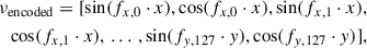 Mathematical equation: $$ \begin{aligned} \begin{aligned} \nu _{\text{encoded}} = [\sin (f_{x,0}\cdot x), \cos (f_{x,0}\cdot x), \sin (f_{x,1}\cdot x), \\ \cos (f_{x,1}\cdot x),\,\ldots \,, \sin (f_{y,127}\cdot y), \cos (f_{y,127}\cdot y)], \end{aligned} \end{aligned} $$