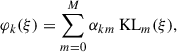 Mathematical equation: $$ \begin{aligned} \varphi _k(\xi ) = \sum \limits _{m=0}^M \alpha _{km} \text{ KL}_m(\xi ), \end{aligned} $$