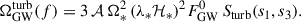 Mathematical equation: $$ \begin{aligned} \Omega _{\rm GW}^\mathrm{turb} (f) = 3 \, \mathcal{A} \, \Omega _{*}^2 \, (\lambda _* \mathcal{H}_*)^2 F_{\rm GW}^0 \, S_{\rm turb} (s_1, s_3). \end{aligned} $$