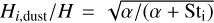 Mathematical equation: $H_{i, \rm{dust}}/H = \sqrt{\alpha/(\alpha + \rm{St _i})}$