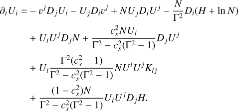 Mathematical equation: $\[\begin{aligned}\partial_t U_i= & -v^j D_j U_i-U_j D_i v^j+N U_j D_i U^j-\frac{N}{\Gamma^2} D_i(H+\ln~ N) \\& +U_i U^j D_j N+\frac{c_s^2 N U_i}{\Gamma^2-c_s^2\left(\Gamma^2-1\right)} D_j U^j \\& +U_i \frac{\Gamma^2\left(c_s^2-1\right)}{\Gamma^2-c_s^2\left(\Gamma^2-1\right)} N U^l U^j K_{l j} \\& +\frac{\left(1-c_s^2\right) N}{\Gamma^2-c_s^2\left(\Gamma^2-1\right)} U_i U^j D_j H.\end{aligned}\]$