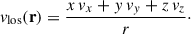 Mathematical equation: $$ \begin{aligned} v_{\mathrm{los} }(\mathbf r ) = \frac{x\,v_x+y\,v_y+z\,v_z}{r}\cdot \end{aligned} $$