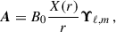 Mathematical equation: $$ \begin{aligned} \boldsymbol{A} = B_0\frac{X(r)}{r}\boldsymbol{\Upsilon }_{\ell ,m}\, , \end{aligned} $$
