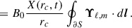 Mathematical equation: $$ \begin{aligned}&= B_0 \frac{X(r_c,t)}{r_c}\oint _{\partial S}\boldsymbol{\Upsilon }_{\ell ,m}\cdot d\boldsymbol{l}\, . \end{aligned} $$