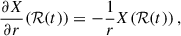 Mathematical equation: $$ \begin{aligned} {\frac{\partial X}{\partial r}}(\mathcal{R} (t))&= -\frac{1}{r}X(\mathcal{R} (t))\, , \end{aligned} $$