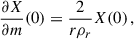Mathematical equation: $$ \begin{aligned} {\frac{\partial {{X}}}{\partial m}}(0)&= \frac{2}{{r}{\rho }_r}{X}(0)\, , \end{aligned} $$