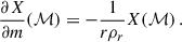 Mathematical equation: $$ \begin{aligned} {\frac{\partial {{X}}}{\partial m}}(\mathcal{M} )&= -\frac{1}{{r}{\rho }_r}{X}(\mathcal{M} )\, . \end{aligned} $$