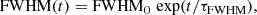 Mathematical equation: $$ \begin{aligned} {\mathrm{FWHM} }(t)&= {\mathrm{FWHM} }_0\,\exp (t/\tau _{\mathrm{FWHM} }), \end{aligned} $$