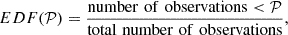 Mathematical equation: $$ \begin{aligned} EDF(\mathcal{P} )=\frac{\mathrm {number \,\,of\,\, observations} < \mathcal P}{{\mathrm {total \,\,number \,\, of\,\, observations}}}, \end{aligned} $$