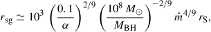Mathematical equation: $$ \begin{aligned} r_{\rm sg}\simeq 10^3\, \left(\frac{0.1}{\alpha }\right)^{2/9} \left(\frac{10^{8}\,M_\odot }{M_{\rm BH}}\right)^{-2/9} \dot{m}^{4/9}\,r_{\rm S}, \end{aligned} $$