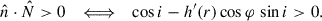 Mathematical equation: $$ \begin{aligned} \hat{n}\cdot \hat{N}>0 \quad \Longleftrightarrow \quad \cos i-h^{\prime }(r)\cos \varphi \,\sin i>0 . \end{aligned} $$