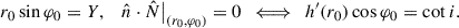 Mathematical equation: $$ \begin{aligned} r_0\sin \varphi _0 = Y, \quad \hat{n}\cdot \hat{N}\big |_{(r_0,\varphi _0)} = 0 \ \ \Longleftrightarrow \ \ h^{\prime }(r_0)\cos \varphi _0=\cot i . \end{aligned} $$