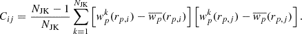 Mathematical equation: $$ \begin{aligned} C_{ij} = \frac{N_{\mathrm{JK} } - 1}{N_{\mathrm{JK} }} \sum _{k=1}^{N_{\mathrm{JK} }} \left[w_p^k(r_{p,i}) - \overline{w_p}(r_{p,i})\right] \left[w_p^k(r_{p,j}) - \overline{w_p}(r_{p,j})\right]. \end{aligned} $$
