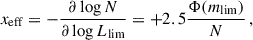 Mathematical equation: $$ \begin{aligned} x_{\rm eff}=-\frac{\partial \log N}{\partial \log {L_{\rm lim}}}=+2.5\frac{\Phi (m_{\rm lim})}{N}\,, \end{aligned} $$