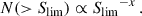 Mathematical equation: $$ \begin{aligned} N(>{S_{\rm lim}})\propto {S_{\rm lim}}^{-x}\,. \end{aligned} $$