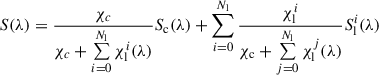 Mathematical equation: $$ \begin{aligned} S(\lambda ) = \frac{\chi _c}{\chi _c + \sum \limits _{i=0}^{N_{\rm l}} \chi ^i_{\rm l}(\lambda )} S_{\rm c}(\lambda ) + \sum \limits _{i=0}^{N_{\rm l}} \frac{\chi ^i_{\rm l}}{\chi _{\rm c} + \sum \limits _{j=0}^{N_{\rm l}} \chi ^j_{\rm l}(\lambda )} S^i_{\rm l} (\lambda ) \end{aligned} $$