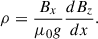 Mathematical equation: $$ \begin{aligned}&\rho = \frac{B_{x}}{\mu _{0}g}\frac{d B_{z}}{dx}. \end{aligned} $$