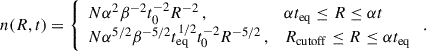 Mathematical equation: $$ \begin{aligned} n(R,t) = \left\{ \begin{array}{ll} N \alpha ^2 \beta ^{-2} t_0^{-2} R^{-2} \, ,&\alpha t_{\rm eq} \le R\le \alpha t\\ N \alpha ^{5/2} \beta ^{-5/2} t_{\rm eq}^{1/2} t_0^{-2} R^{-5/2} \, ,&R_{\rm cutoff} \le R\le \alpha t_{\rm eq} \end{array}\right. . \end{aligned} $$